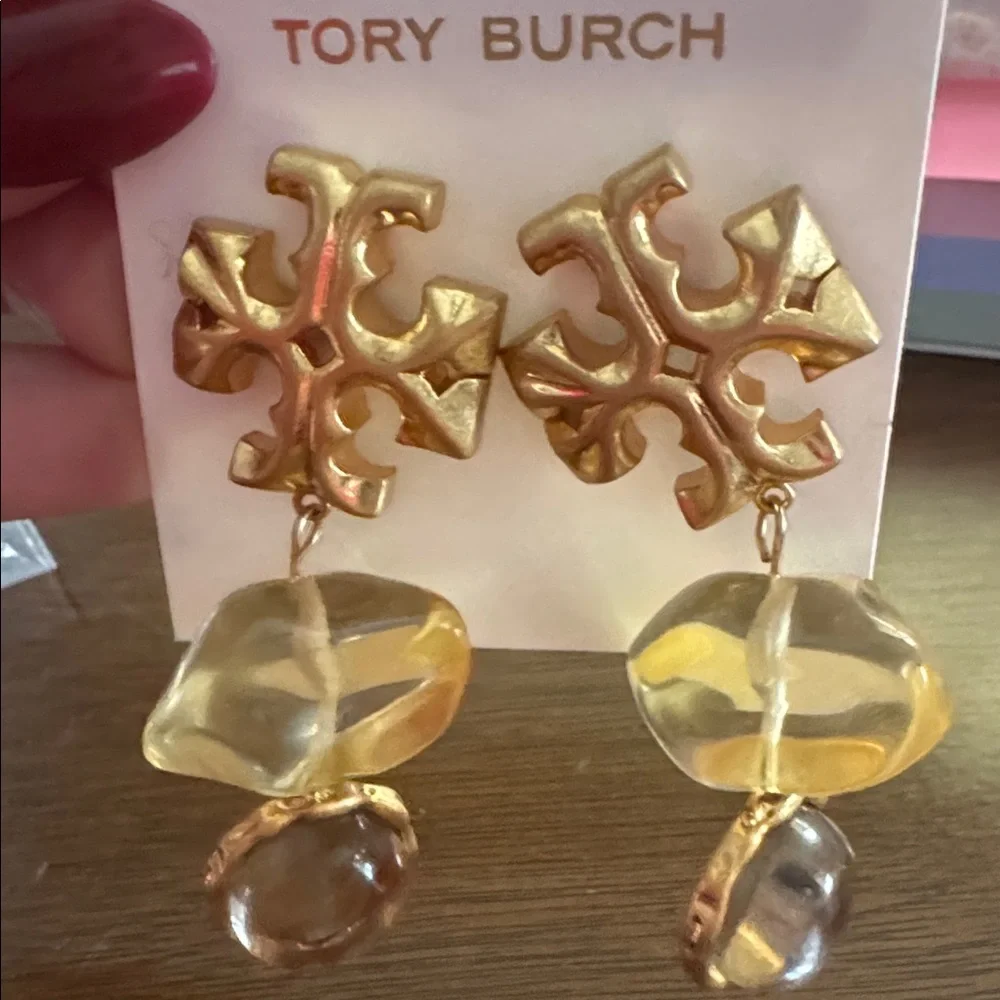 Tory Burch Gold Rolled Brass Double Drop Yellow Clear chunky Earrings $198